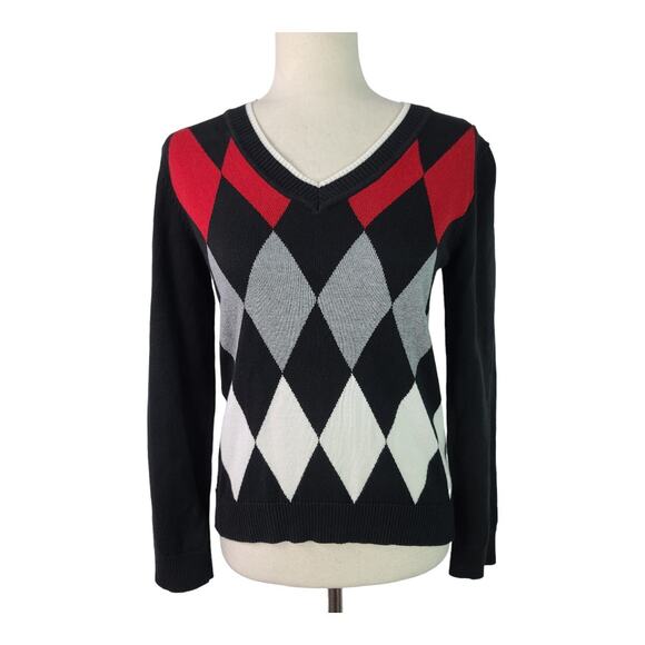 Liz Claiborne Liz Golf Black Gray Red White Argyle V Neck Vintage Sweater Small - Picture 1 of 4